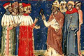 Il Papa Alessandro Terzo consegna al doge Sebastiano Ziani l'anello per sposare il mare, miniatura del quattordicesimo secolo