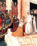Sbarco dal Bucintoro del doge Sebastiano Ziani al Convento della carità, miniatura del sedicesimo secolo